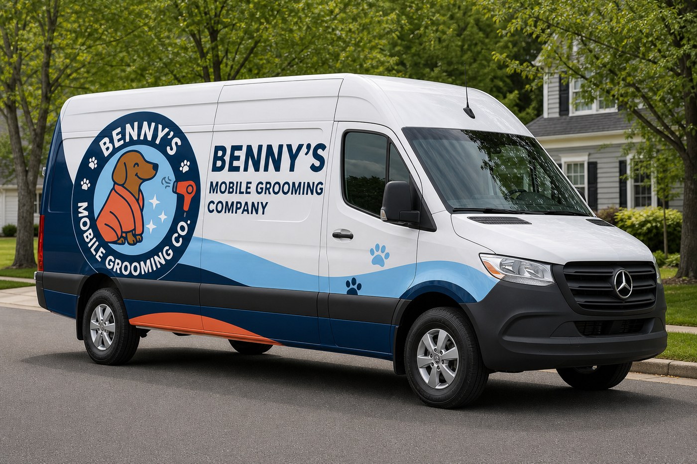 AI-generated concept showing a possible Benny's Mobile Grooming Mercedes-Benz Sprinter wrap